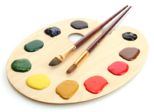 Art supplies, paint brush, canvas